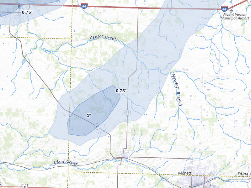 NEXRAD radar-signature map of the hail storm over Pierce City, MO on Mar 4, 2026