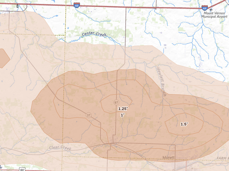 Radar-estimated hail-size map of the storm over Pierce City, MO on Apr 26, 2026