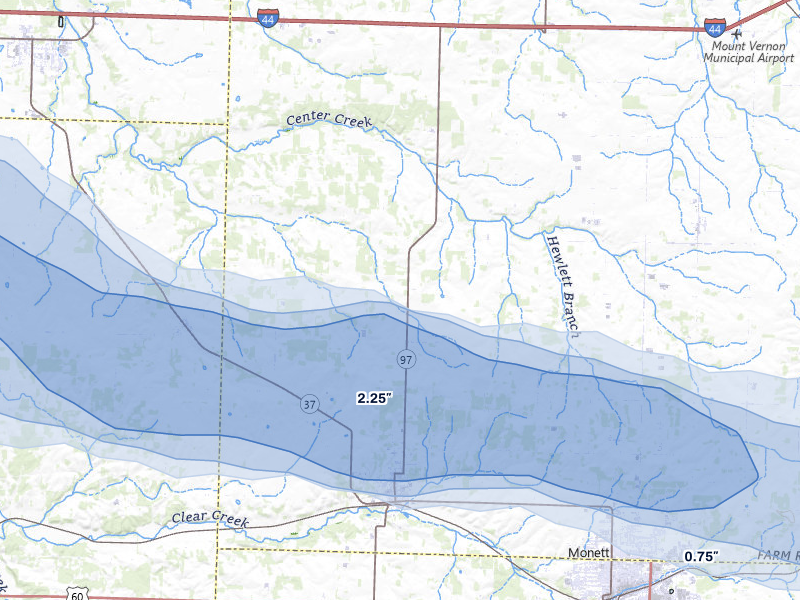 NEXRAD radar-signature map of the hail over Pierce City, MO
