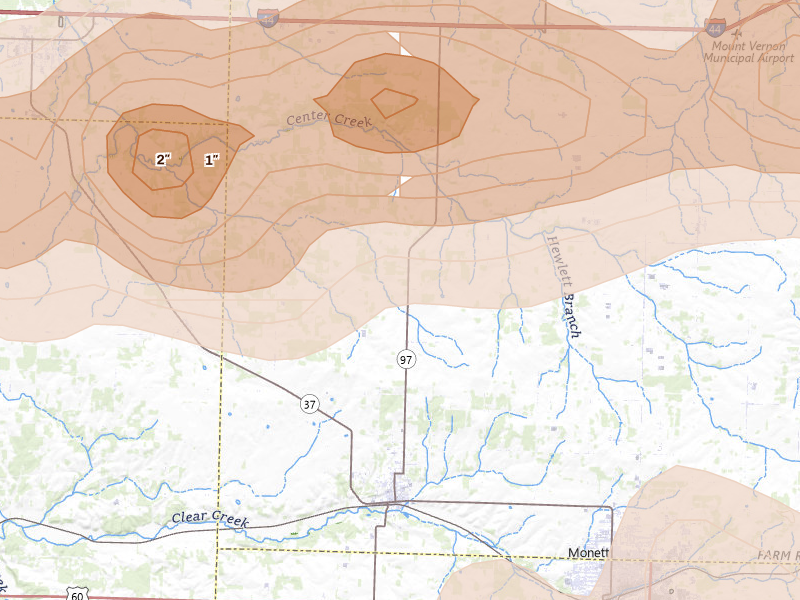 Radar-estimated hail-size map of the storm over Pierce City, MO on Apr 27, 2026