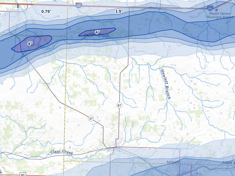 NEXRAD radar-signature map of the hail over Pierce City, MO