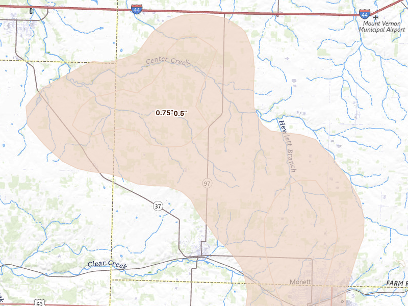 Radar-estimated hail-size map of the storm over Pierce City, MO on Jul 4, 2026
