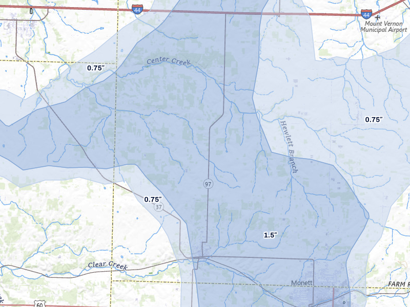 NEXRAD radar-signature map of the hail over Pierce City, MO