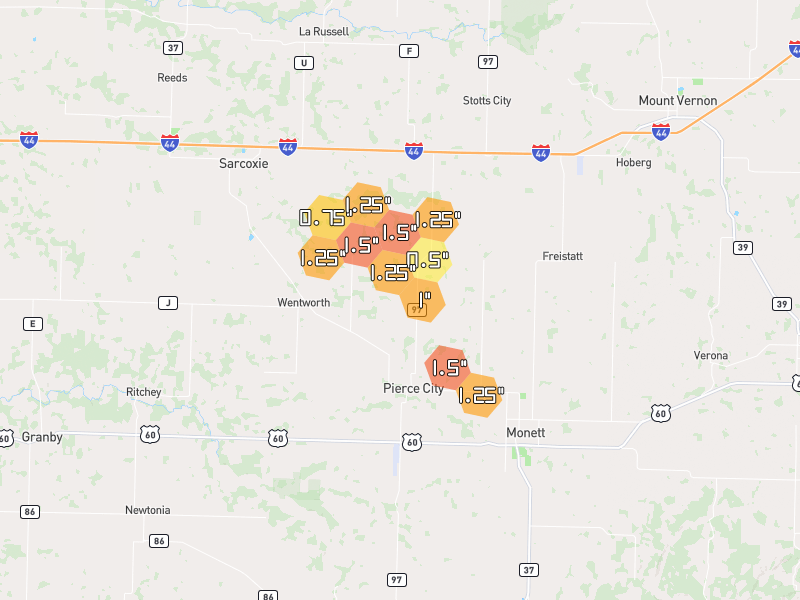 Hail map of Pierce City, MO on Jul 5, 2026, hail up to 1.5"
