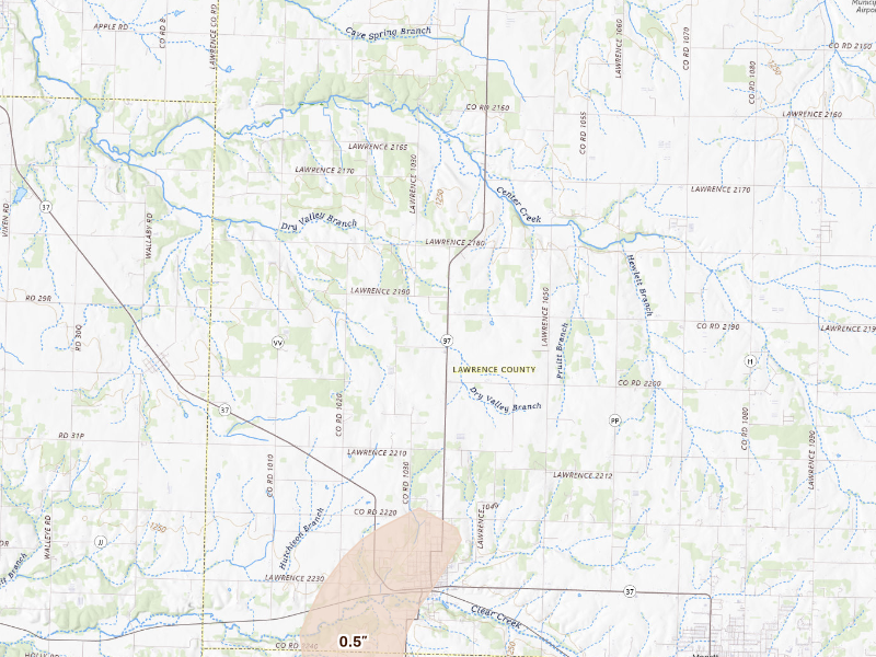 Radar-estimated hail-size map of the storm over Pierce City, MO on Sep 20, 2026