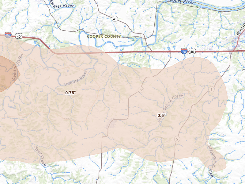Radar-estimated hail-size map of the storm over Pilot Grove, MO on Jun 17, 2026