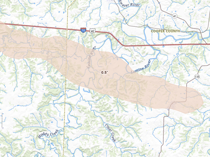 Radar-estimated hail-size map of the storm over Pilot Grove, MO on Aug 18, 2026