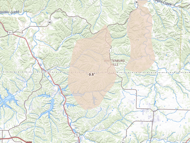 Radar-estimated hail-size map of the storm over Pineville, MO on Mar 6, 2026