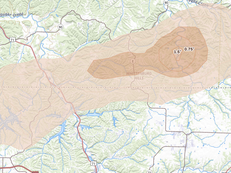 Radar-estimated hail-size map of the storm over Pineville, MO on Apr 27, 2026