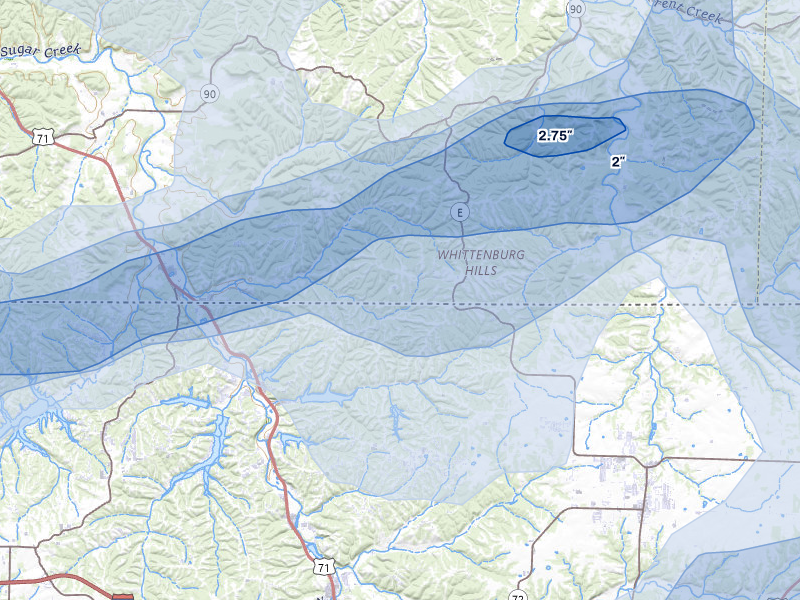 NEXRAD radar-signature map of the hail storm over Pineville, MO on Apr 27, 2026
