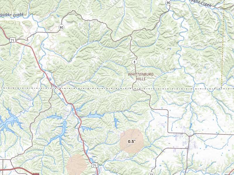 Radar-estimated hail-size map of the storm over Pineville, MO on May 4, 2026