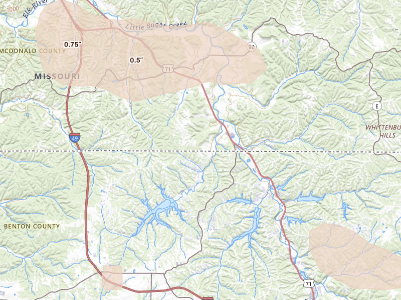 Radar-estimated hail-size map of the storm over Pineville, MO on Jun 8, 2026