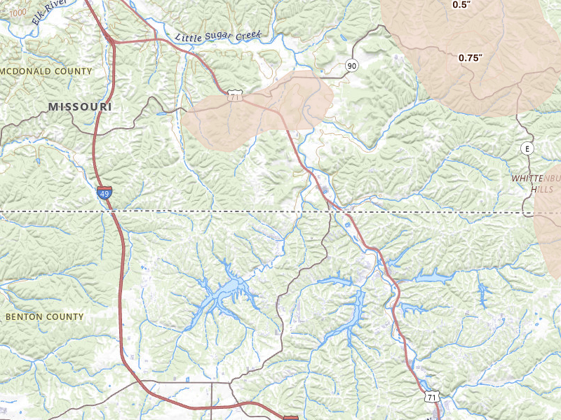 Radar-estimated hail-size map of the storm over Pineville, MO on Jul 4, 2026