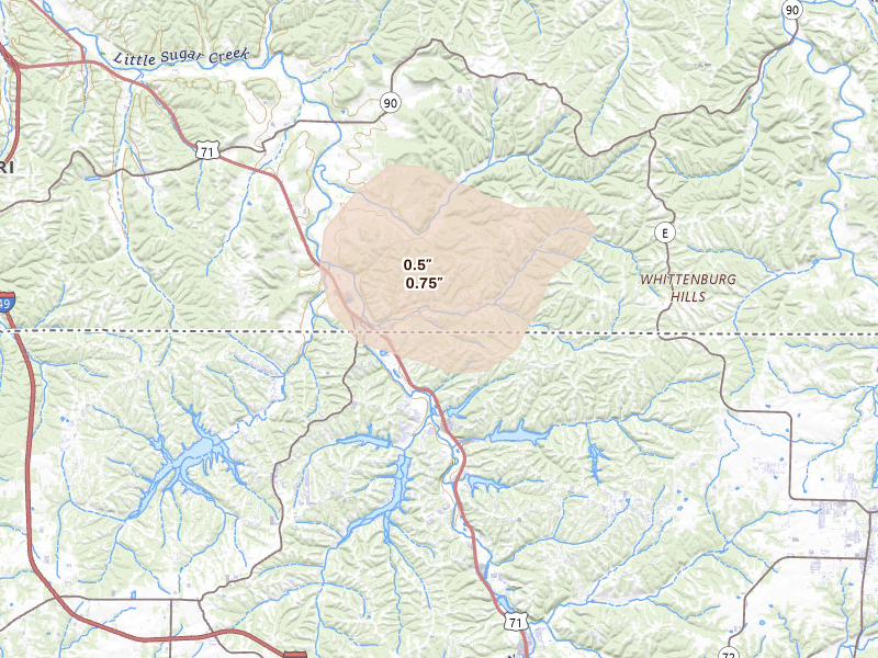 Radar-estimated hail-size map of the storm over Pineville, MO on Aug 6, 2026