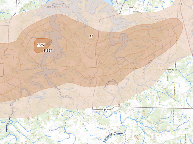 Radar-estimated hail-size map of the storm over Pittsburg, MO on Apr 26, 2026