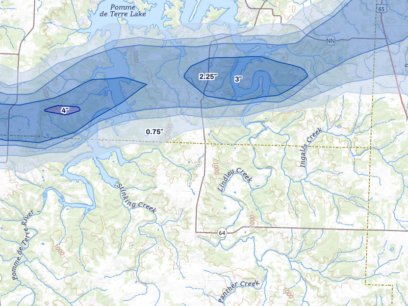 NEXRAD radar-signature map of the hail over Pittsburg, MO