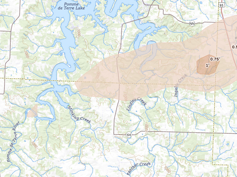 Radar-estimated hail-size map of the storm over Pittsburg, MO on Apr 28, 2026