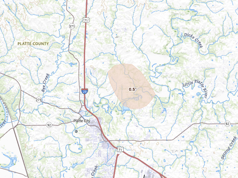 Radar-estimated hail-size map of the storm over Platte City, MO on Apr 23, 2026