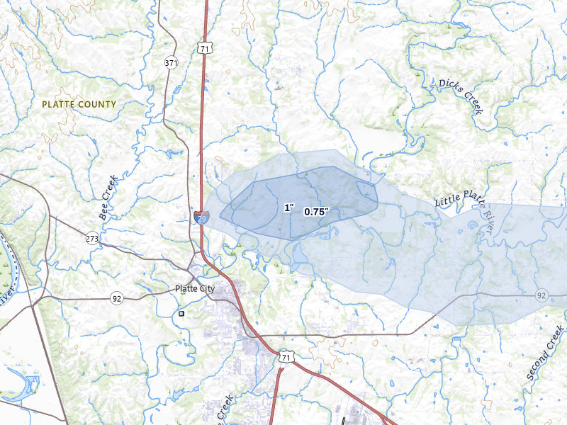 NEXRAD radar-signature map of the hail over Platte City, MO