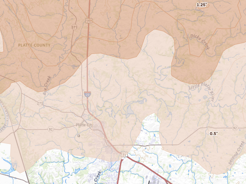 Radar-estimated hail-size map of the storm over Platte City, MO on Apr 26, 2026