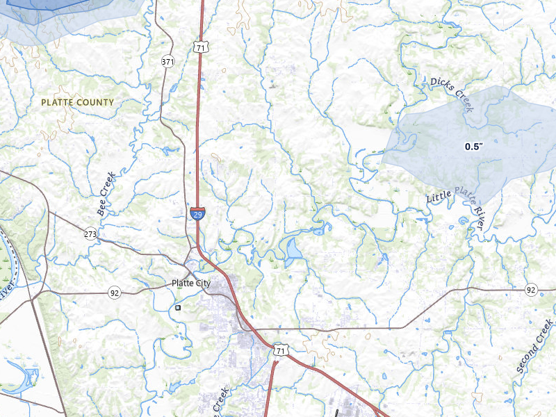 NEXRAD radar-signature map of the hail over Platte City, MO