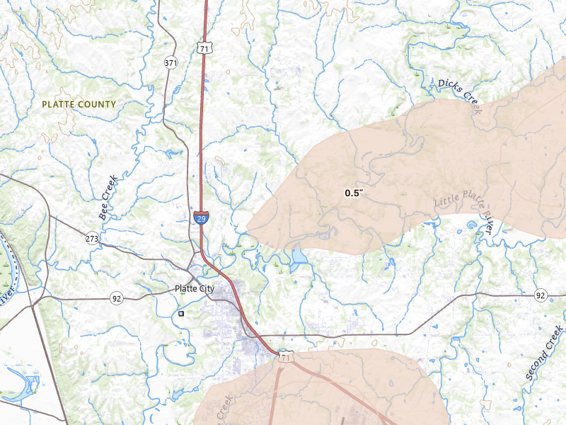 Radar-estimated hail-size map of the storm over Platte City, MO on May 31, 2026