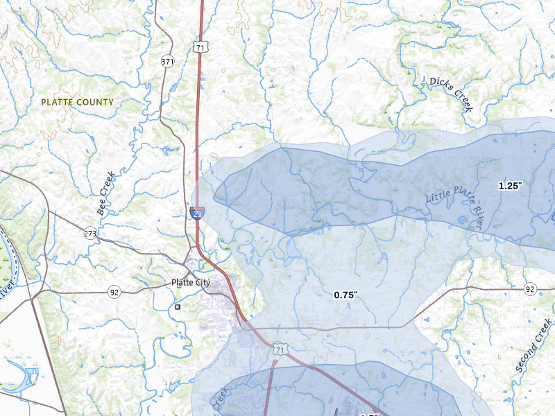 NEXRAD radar-signature map of the hail storm over Platte City, MO on May 31, 2026