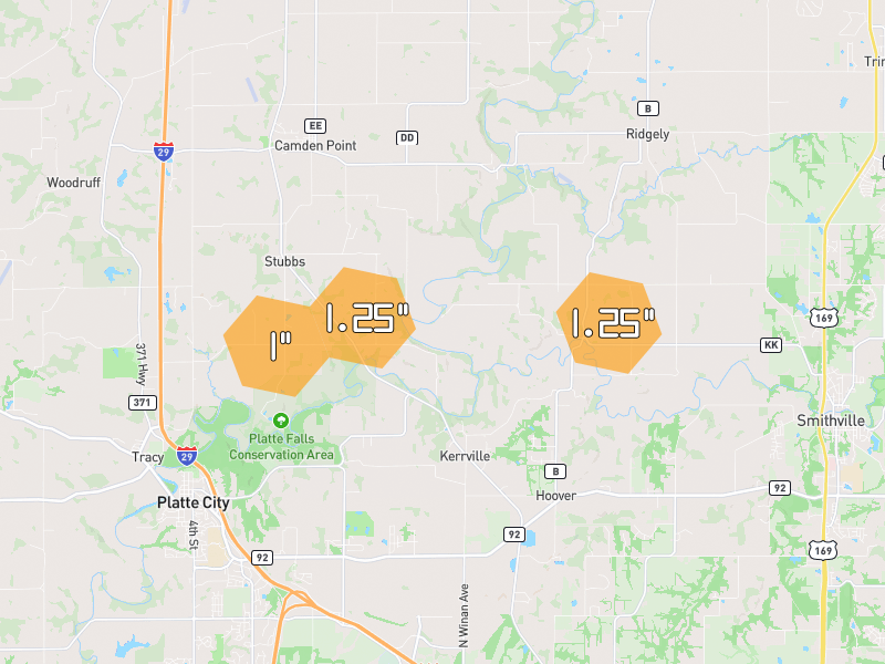 Hail map of Platte City, MO on Jun 1, 2026, hail up to 1.25"