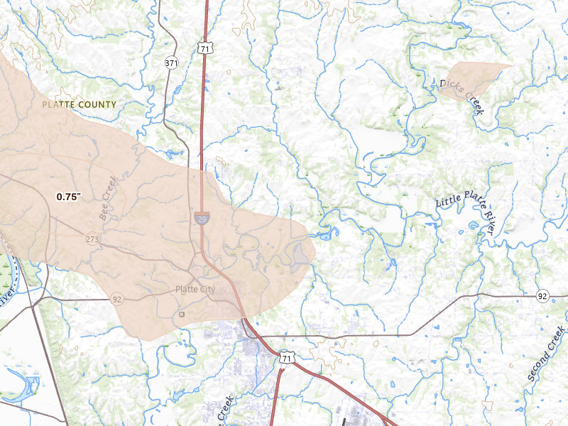 Radar-estimated hail-size map of the storm over Platte City, MO