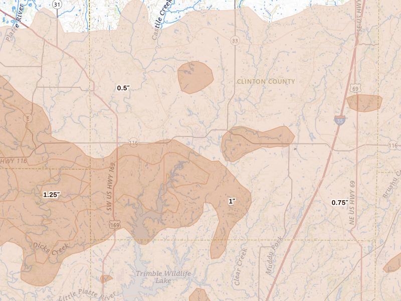 Radar-estimated hail-size map of the storm over Plattsburg, MO on Apr 26, 2026