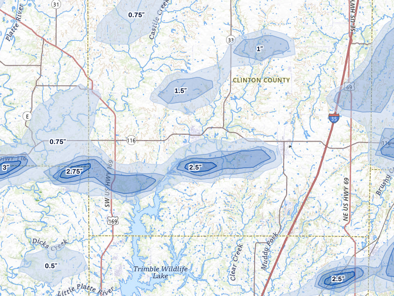 NEXRAD radar-signature map of the hail over Plattsburg, MO