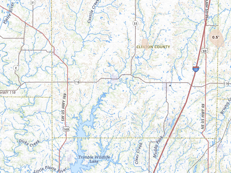 Radar-estimated hail-size map of the storm over Plattsburg, MO on May 18, 2026