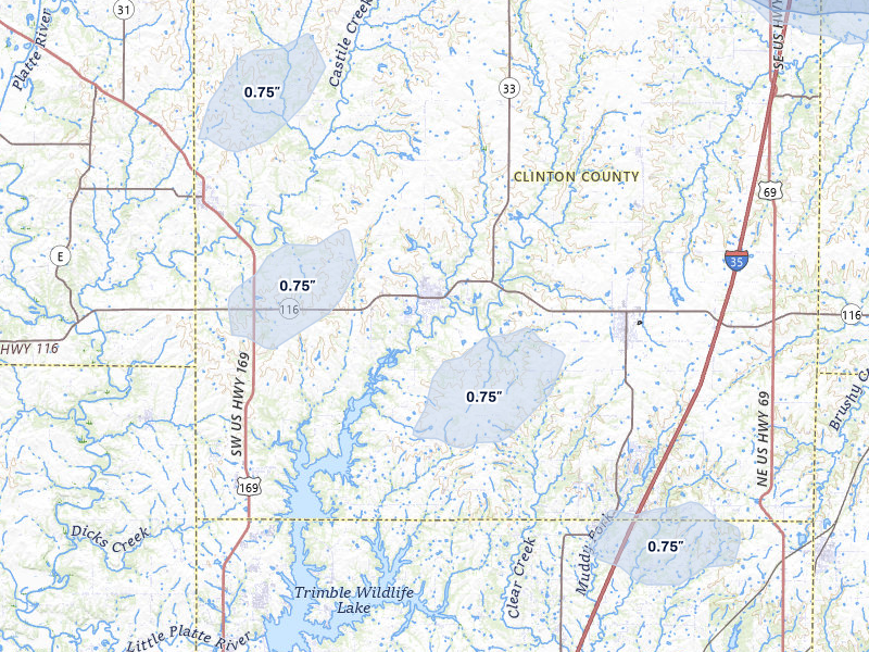 NEXRAD radar-signature map of the hail storm over Plattsburg, MO on May 29, 2026
