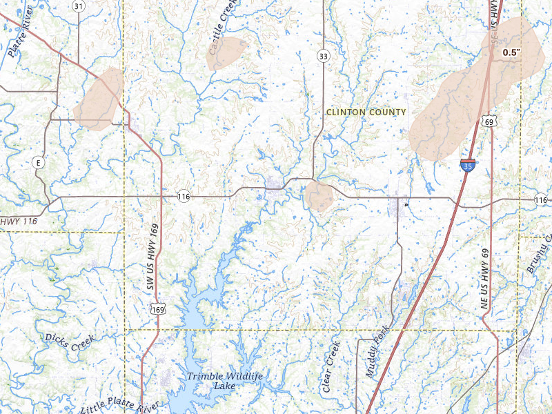 Radar-estimated hail-size map of the storm over Plattsburg, MO on Jun 10, 2026
