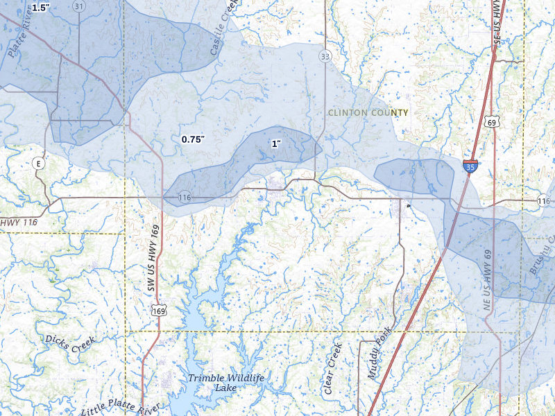 NEXRAD radar-signature map of the hail storm over Plattsburg, MO on Jul 3, 2026