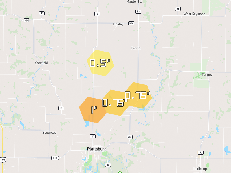 Hail map of Plattsburg, MO on Jul 4, 2026, hail up to 1"