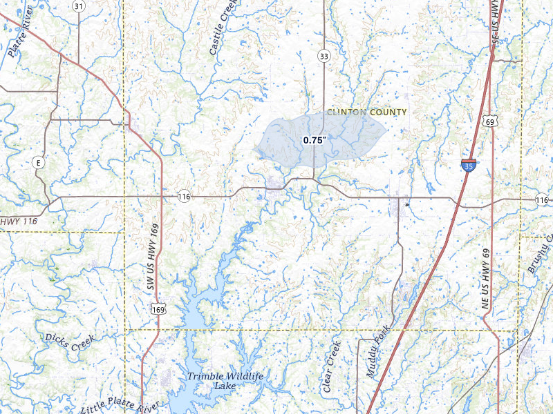 NEXRAD radar-signature map of the hail storm over Plattsburg, MO on Jul 8, 2026
