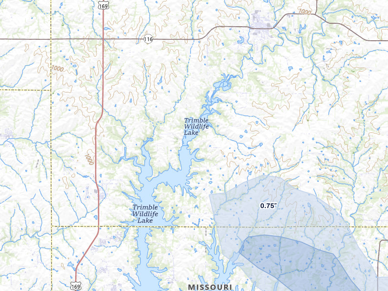 NEXRAD radar-signature map of the hail storm over Plattsburg, MO on Aug 5, 2026