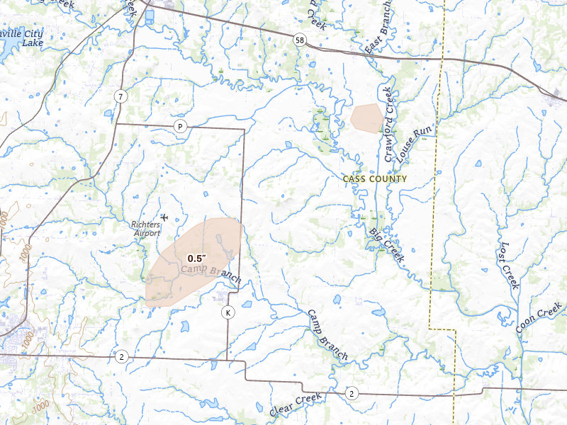 Radar-estimated hail-size map of the storm over Pleasant Hill, MO on Apr 27, 2026