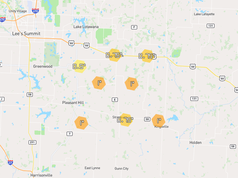 Hail map of Pleasant Hill, MO on Jul 9, 2026, hail up to 1"