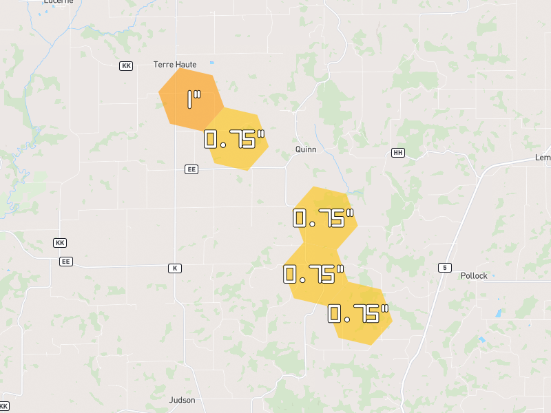 Hail map of Pollock, MO on Jul 21, 2026, hail up to 1"