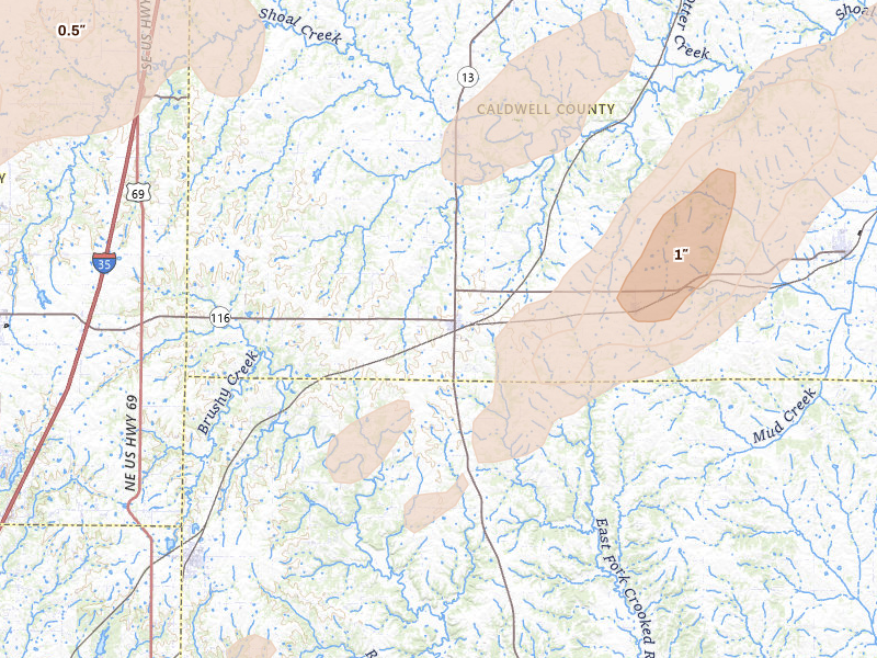 Radar-estimated hail-size map of the storm over Polo, MO on Apr 17, 2026