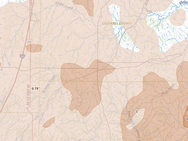 Radar-estimated hail-size map of the storm over Polo, MO on Apr 26, 2026
