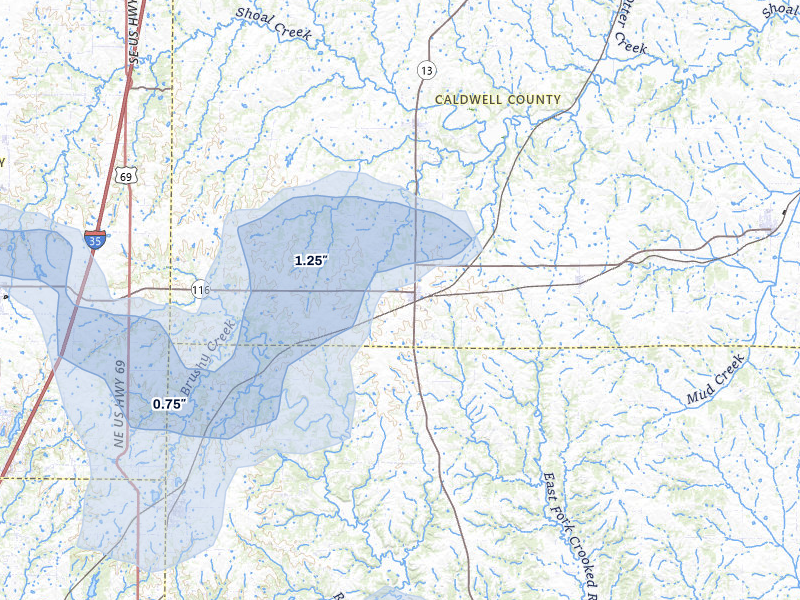 NEXRAD radar-signature map of the hail storm over Polo, MO on Jul 3, 2026