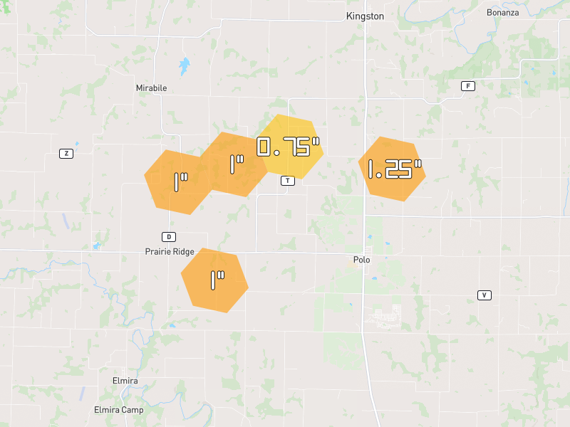 Hail map of Polo, MO on Jul 3, 2026, hail up to 1.25"