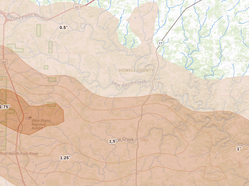 Radar-estimated hail-size map of the storm over Pomona, MO on Apr 27, 2026