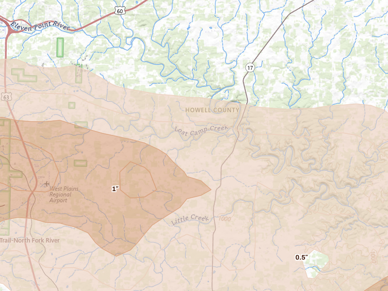 Radar-estimated hail-size map of the storm over Pomona, MO on Apr 28, 2026