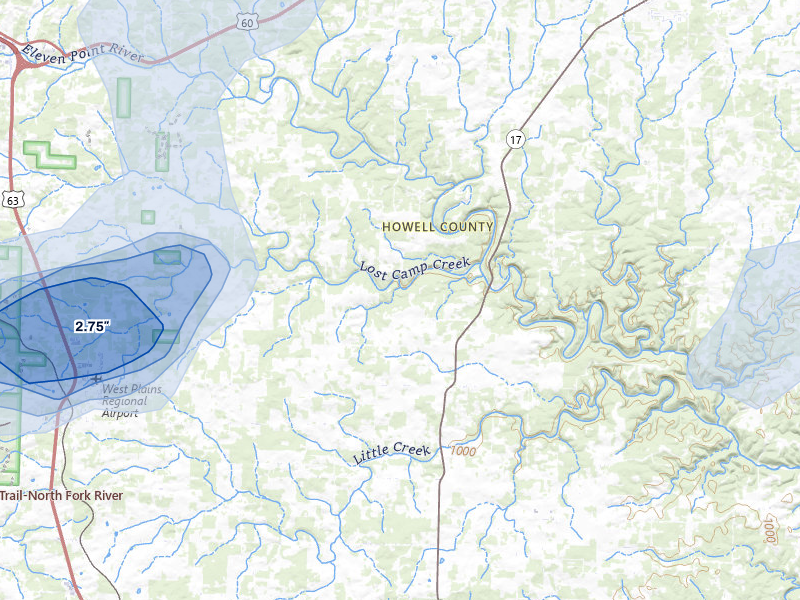 NEXRAD radar-signature map of the hail storm over Pomona, MO on Apr 28, 2026