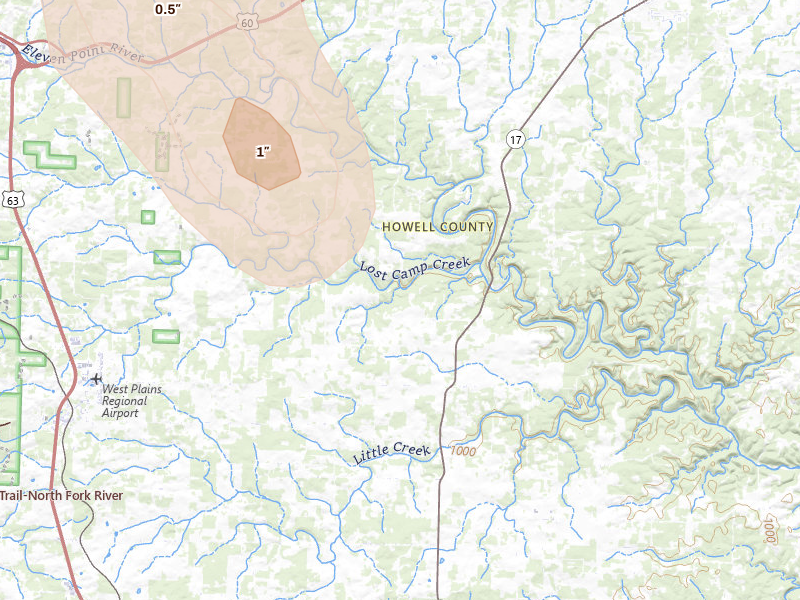 Radar-estimated hail-size map of the storm over Pomona, MO on May 30, 2026