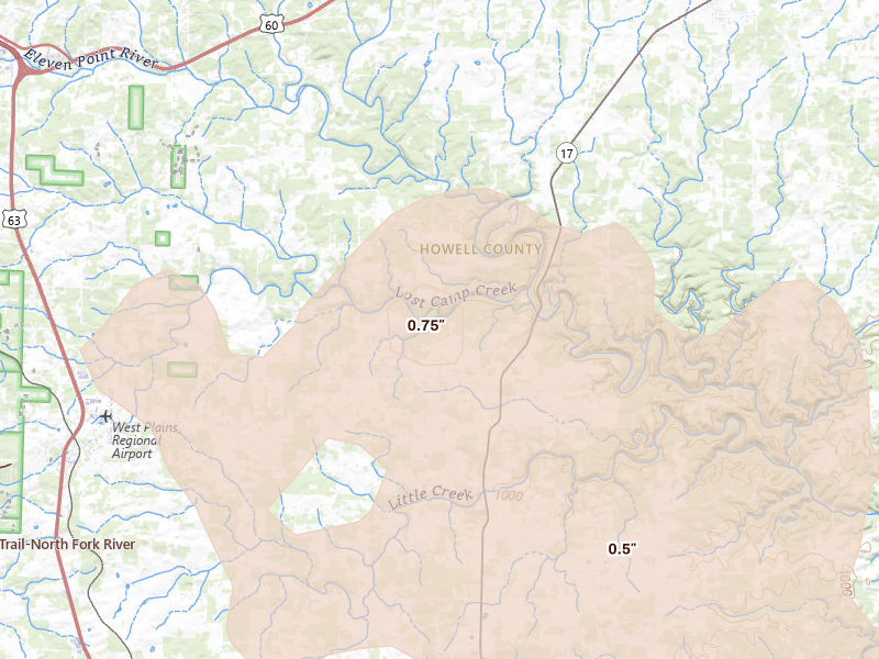 Radar-estimated hail-size map of the storm over Pomona, MO